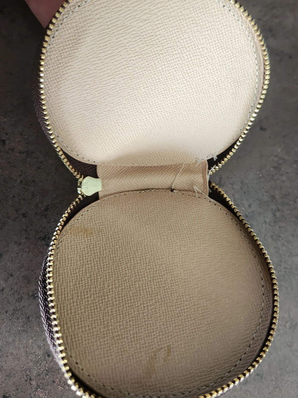 Designer Inspired Faux Monogram Round Zip Coin Pouch - Brown/Gold